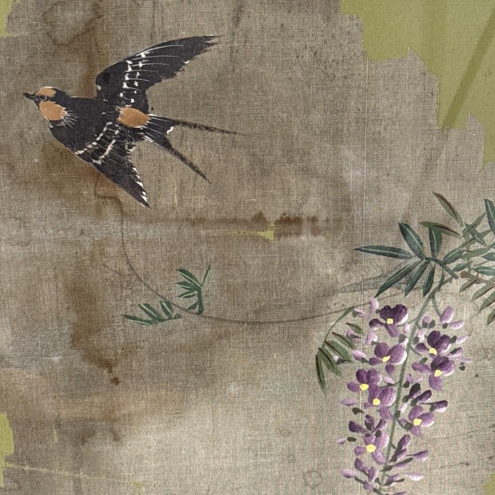 Original Japanese Style Painting On Fabric/Mesh On Matting Board Bird & Flowers